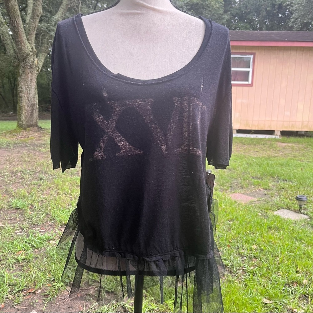 FREE PEOPLE DISTRESSED NWT ROMAN NUMERALS TULLE T SHIRT TOP HALG SLEEVE PEPLUM